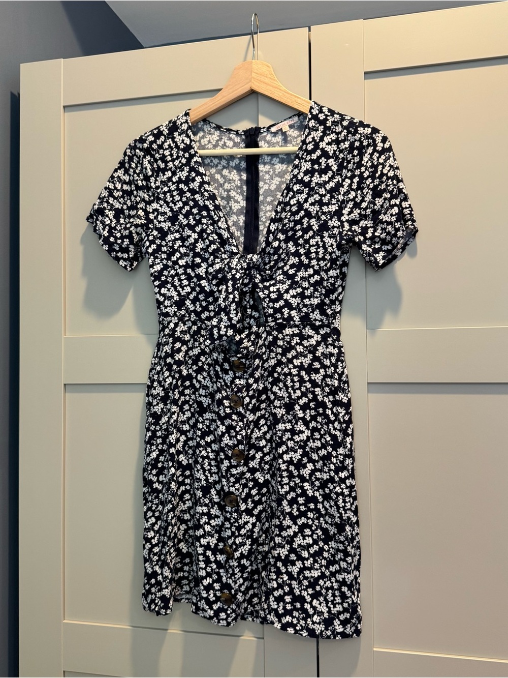 Navy Blue and White Floral Tie-Front Short Dress